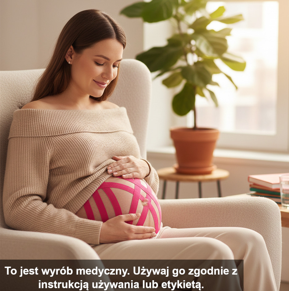 Aplikacja taśmy do tapingu u kobiety w ciąży na brzuchu 