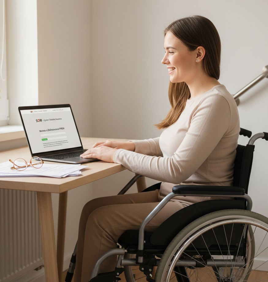 Osoba wypełniająca wniosek o dofinansowanie PFRON w systemie SOW na laptopie.