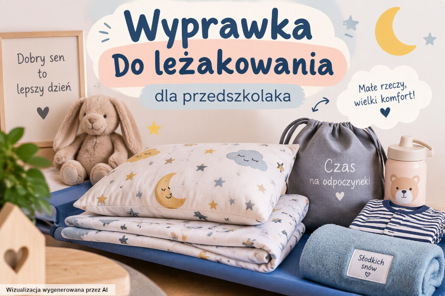 Kompletnie spakowany zestaw do leżakowania w przedszkolu: poduszka profilowana, kocyk bawełniany i worek na pościel